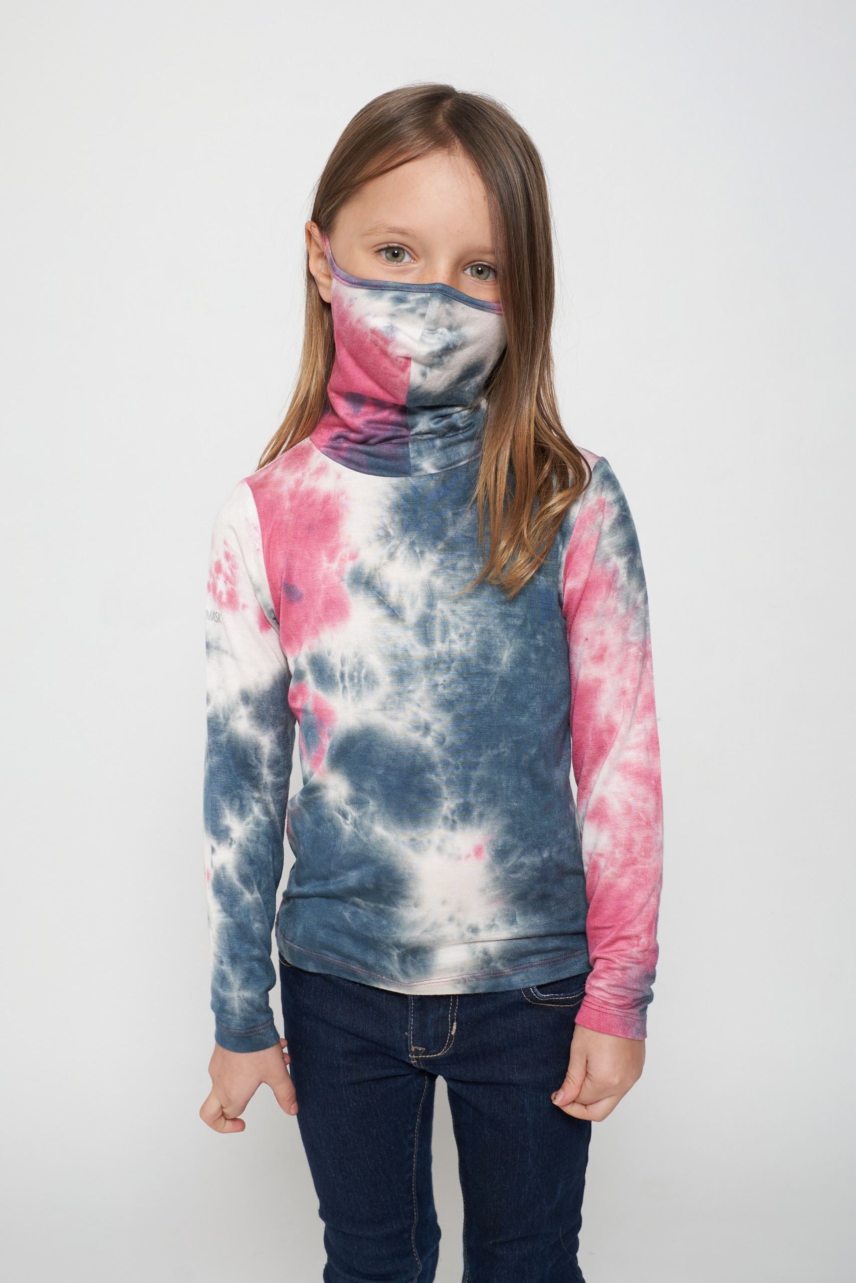 Kids Long Sleeve Pink White Tie-dye #9 Shmask™ Earloop Face Mask for Kids and Adults