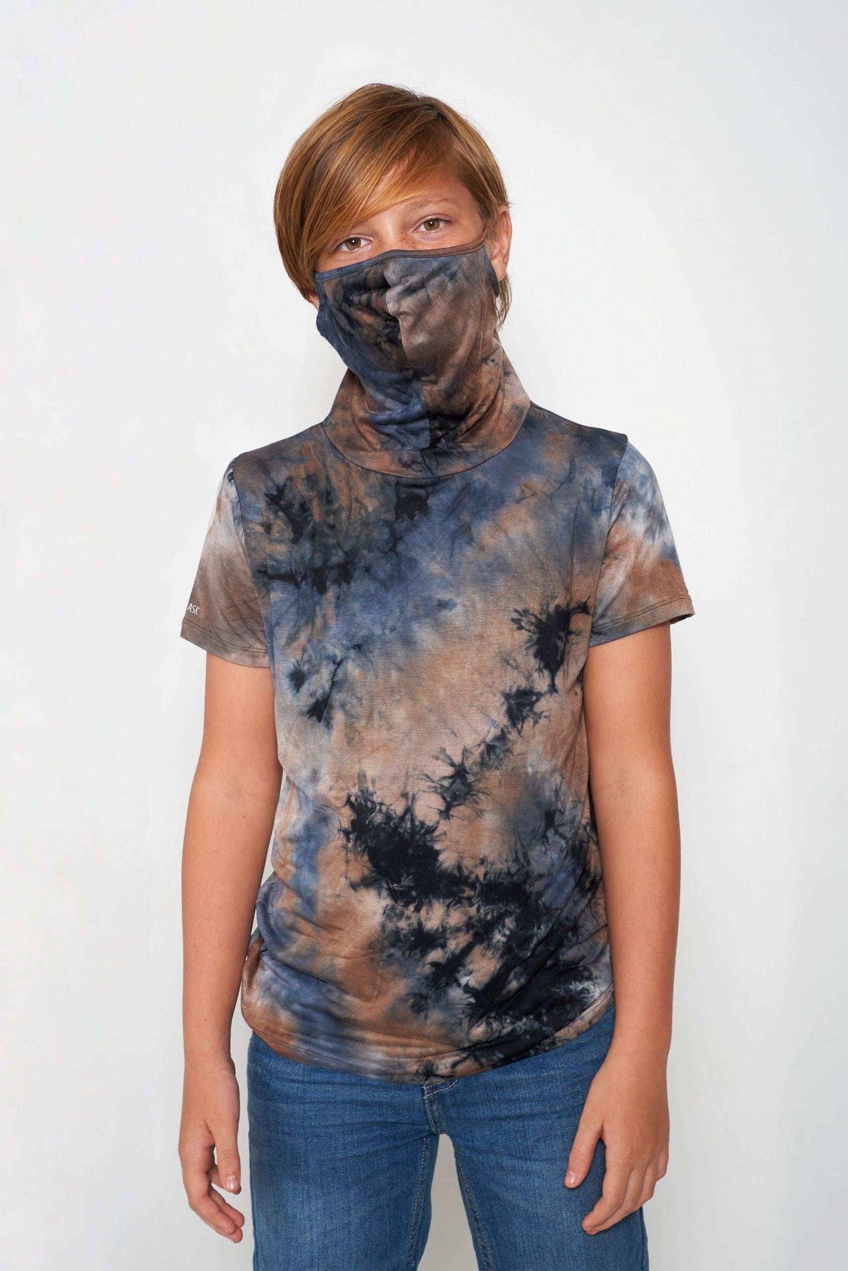 Kids Short Sleeve Blue Gray Black Brown Tie-dye #36 Shmask™ Earloop Face Mask for Kids and Adults