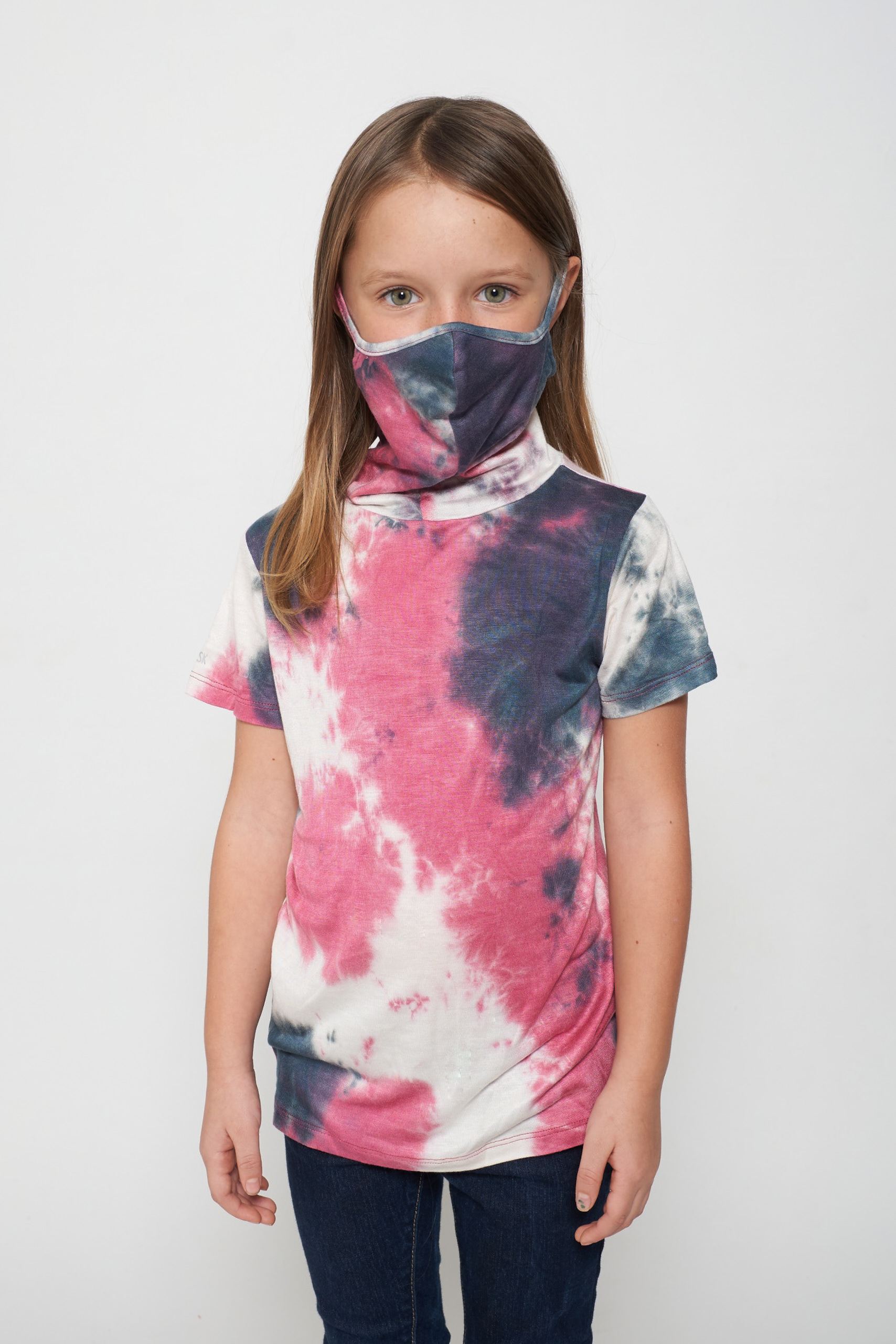 Kids Short Sleeve Pink White Blue Tie-dye #9 Shmask™ Earloop Face Mask for Kids and Adults